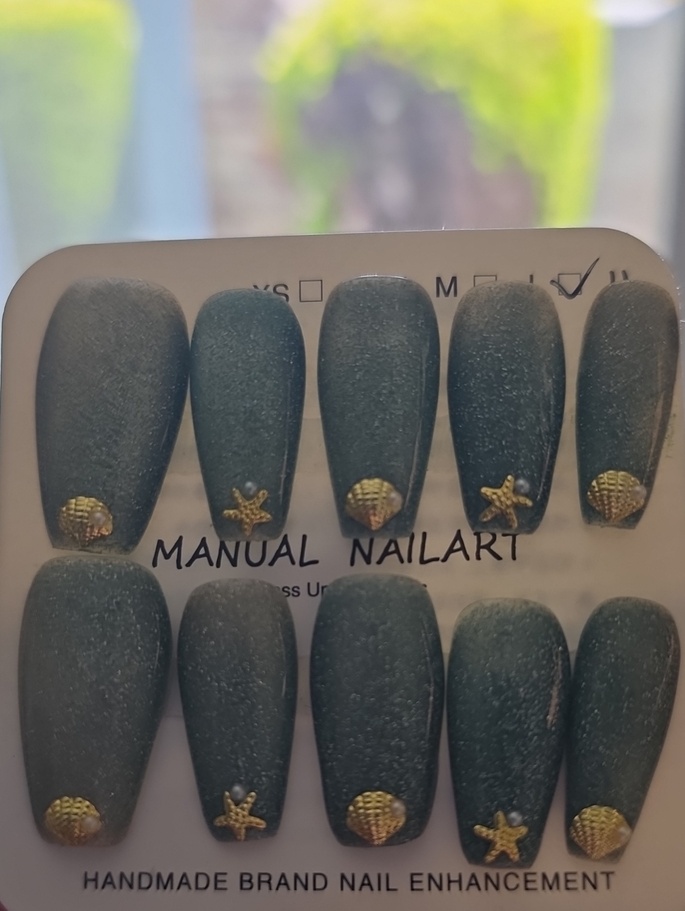 Handmade Blue Green Matte Press-On Nails with Gold Shell Accents Large size
